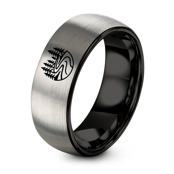 River Pines – Tungsten Wedding Band, 8 mm, Black, Gray Comfort-Fit Unisex