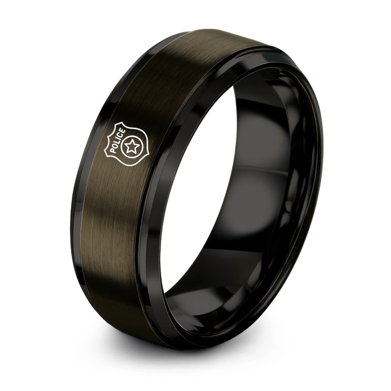 Police Badge Shield – Tungsten Wedding Band, 8 mm, Black, Gunmetal Comfort-Fit Unisex