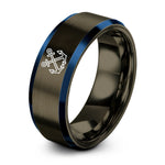 best presents for men – gunmetal & blue tungsten crossed anchors ring