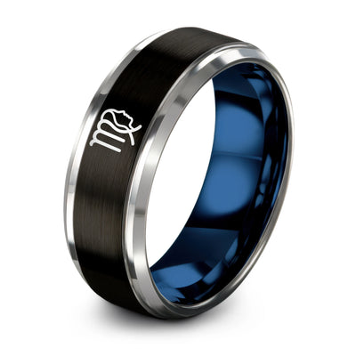 Virgo Glyph – Tungsten Wedding Band, 8 mm, Black, Silver Comfort-Fit Unisex