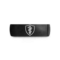 meaningful presents for her – black tungsten asclepius shield wedding band