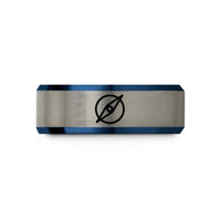tungsten wedding bands – blue & silver tungsten azimuth pointer wedding band