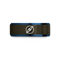unisex promise rings – gunmetal & blue tungsten azimuth pointer wedding band