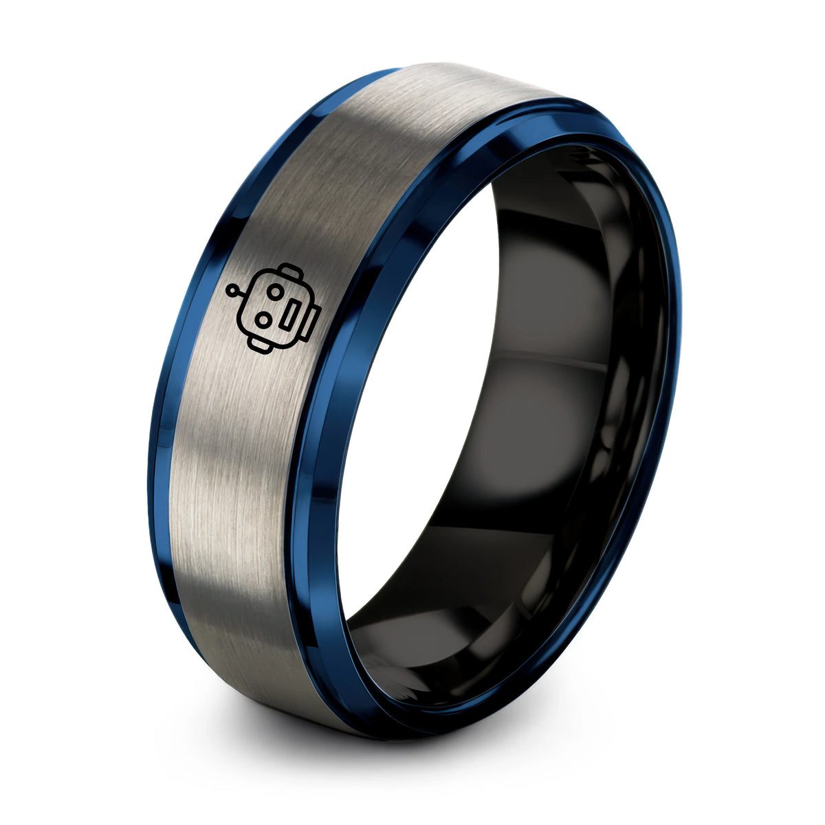 Gifts for Her And Him – black & blue & gray tungsten robot ring