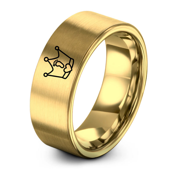Footprints Crown Heart – Tungsten Wedding Band, 8 mm, Gold Comfort-Fit Unisex