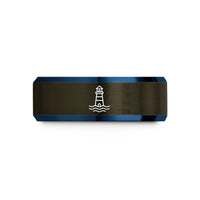 friendship rings for women – gunmetal & blue tungsten lighthouse icon wedding band
