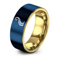 engraved bands for couples – gold & blue tungsten tentacle curve ring