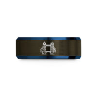 unique presents for him – gunmetal & blue tungsten tower bridge wedding band