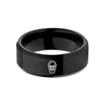 unique men's wedding band – black tungsten skull coffin wedding band