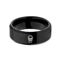 unique men's wedding band – black tungsten skull coffin wedding band