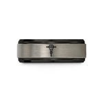 engraved rings for couples – black & grey tungsten jackhammer wedding band