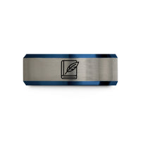 unique presents for him – black & blue & silver tungsten spellbook emblem quill wedding band