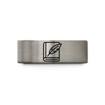cool presents for him – blue & gray tungsten spellbook emblem quill wedding band
