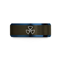 personalized rings for men – gunmetal & blue tungsten radiation trefoil wedding band