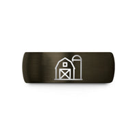 engraved rings for men – gunmetal & black tungsten barn silo wedding band