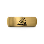 custom engraved bands men – black & gold tungsten tent campfire wedding band