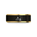 custom engraved bands men – black & gold tungsten tent campfire wedding band