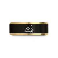 custom engraved bands men – black & gold tungsten tent campfire wedding band