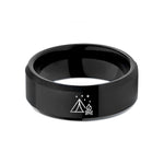 engraved rings for couples – black tungsten tent campfire wedding band