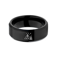 engraved rings for couples – black tungsten tent campfire wedding band