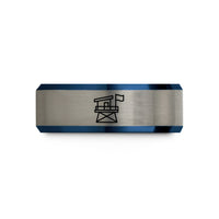 unisex tungsten wedding band – black & blue & grey tungsten lifeguard tower flag wedding band