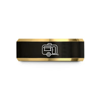 engraved rings for couples – black & gold tungsten food trailer wedding band