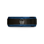 engraved rings for couples – black & blue tungsten snowglobe scene wedding band