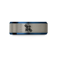 engraved rings for him – blue & grey tungsten satellite wedding band
