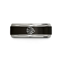 men's engraved rings – black & blue & gray tungsten butterflyfish wedding band