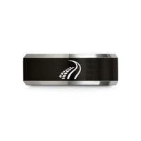 unique presents for him – black & grey tungsten skid marks wedding band