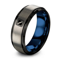 black & blue & silver tungsten diver flag ring