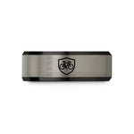 unique rings for partners – black & gray tungsten shield bike wedding band
