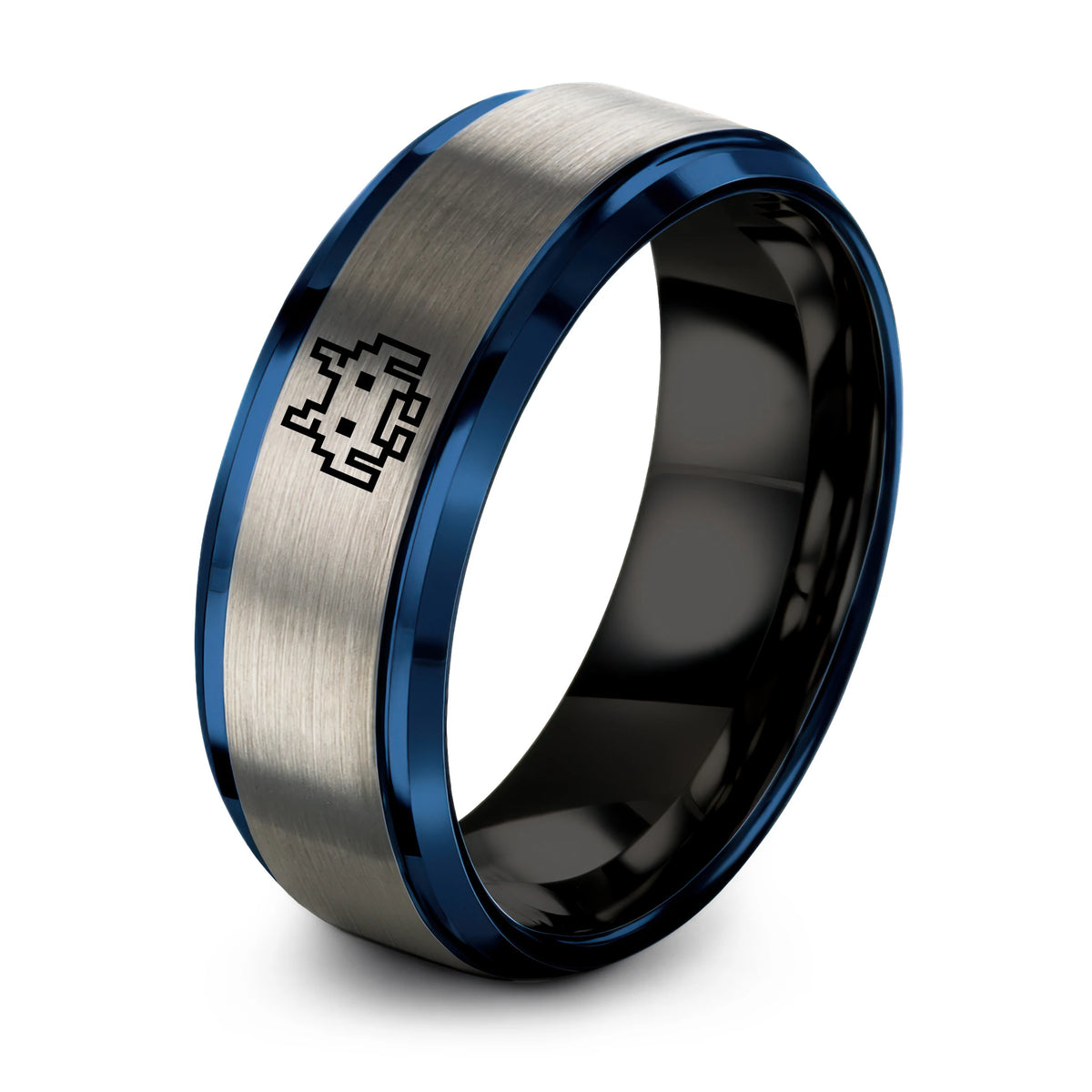 Gifts for Son from Mom – black & blue & gray tungsten 8 bit alien ring