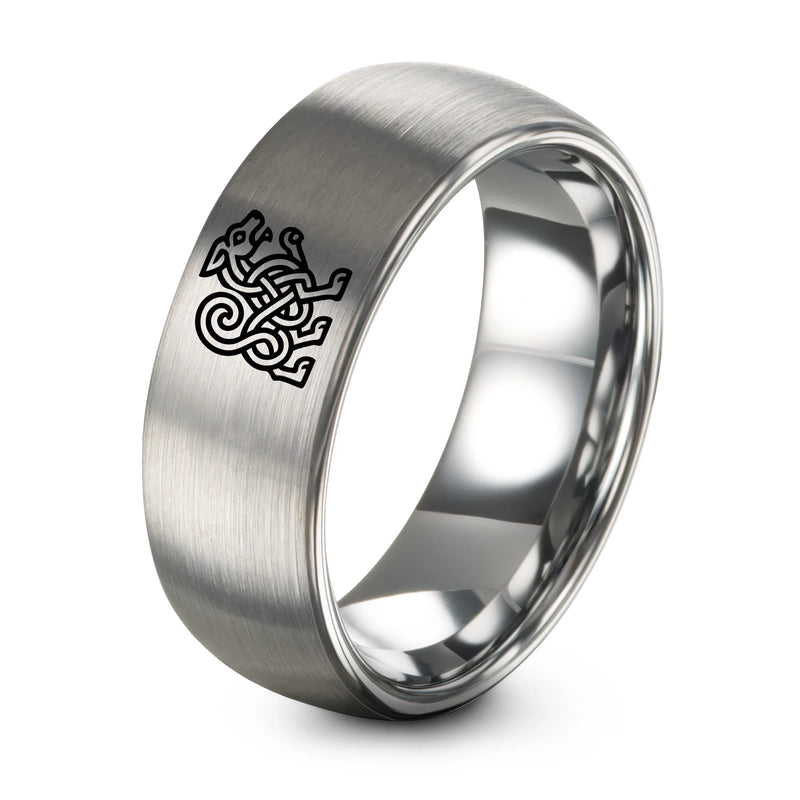 Jelling Beast Motif – Tungsten Wedding Band, 8 mm, Grey Comfort-Fit Unisex