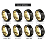 font options for inside engraving on black & gold globe heart rings