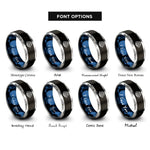 font options for inside engraving on black & blue & gray globe orbit arrow rings