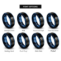 font options for inside engraving on black & blue globe orbit arrow rings