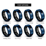 font options for inside engraving on black & blue globe orbit arrow rings