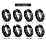 font options for inside engraving on black & grey globe orbit arrow rings