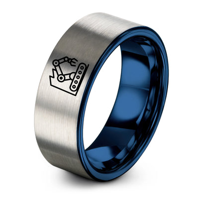 Factory Robot Cell – Tungsten Wedding Band, 8 mm, Blue, Silver Comfort-Fit Unisex