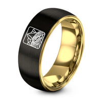 GREY Tungsten Engagement Rings for Women – black & gold tungsten machu picchu stamp ring