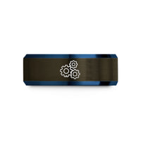 mens tungsten wedding band – gunmetal & blue tungsten gear train wedding band