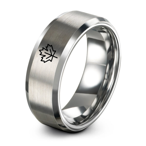 Maple Leaf – Tungsten Wedding Band, 8 mm, Silver Comfort-Fit Unisex