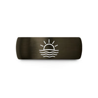 engraved tungsten ring her – gunmetal & blue tungsten sea horizon sun wedding band