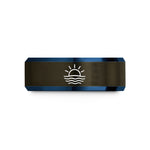 engraved tungsten ring her – gunmetal & blue tungsten sea horizon sun wedding band