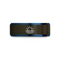 engraved tungsten ring her – gunmetal & blue tungsten sea horizon sun wedding band
