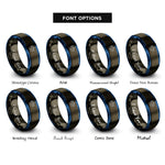 font options for inside engraving on gunmetal & blue hands holding plant rings