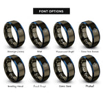 font options for inside engraving on gunmetal & blue hands holding plant rings
