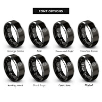 font options for inside engraving on black & silver handshake over globe rings