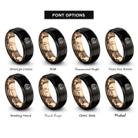 font options for inside engraving on black & rose gold handshake sportsmanship laurel rings